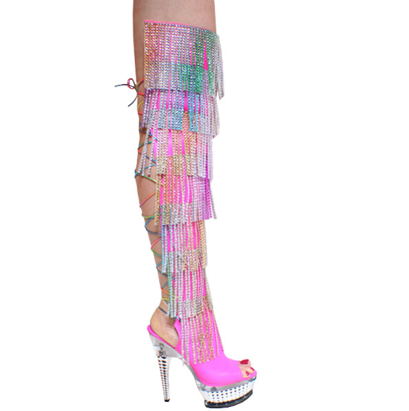neon pink thigh high boots